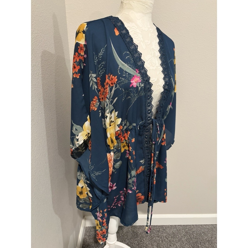 Haute Project Los Angeles Kimono Top~2XL~ Teal Crochet Trim Waist Tie Boho Chic - Picture 3 of 12
